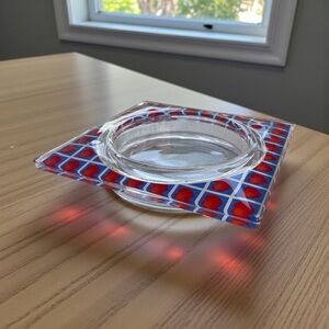 Concorde fire-line candle plate, thick, heavy glass, hearts in a blue/white grid